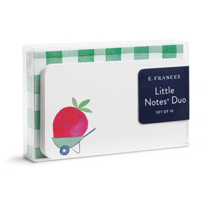 The E. FRANCES - LITTLE NOTES DUO STRAWBERRY card by E. FRANCES PAPER is rectangular with rounded corners and a green and white checkered pattern. “BACK” is printed below, along with small text and a recycling symbol at the bottom center.