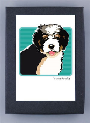The "PAPER RUSSELS - BERNEDOODLE NOTE CARDS" by PAPER RUSSELLS feature an illustration of a Bernedoodle puppy with black, white, and brown fur centered on a teal striped background with rounded corners. Below the image, the text "Bernedoodle" is written in light brown. The illustration is printed on recycled paper and framed with a gray border.
