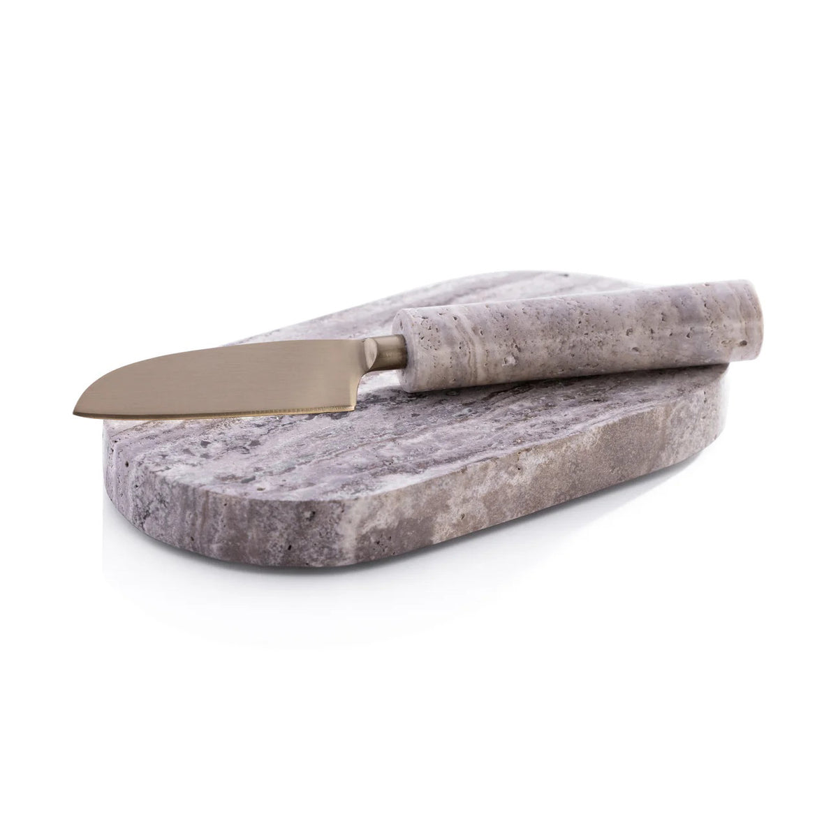 The ZODAX TRAVERTINE MARBLE CUTTING BOARD AND KNIFE set features a metal knife with a stone handle and an oval, marbled gray travertine board, both elegantly displayed against a white background.