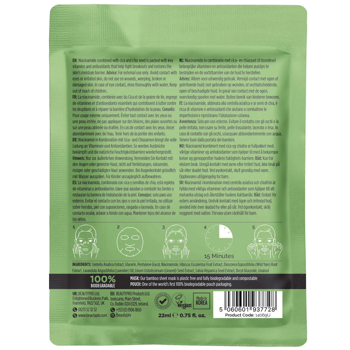 The BEAUTYPRO - CICA + NIACINAMIDE BLEMISH CONTROL MASK, presented in green packaging under the trusted BEAUTY PRO brand, promises to minimize pores, brighten skin, and provide anti-aging benefits. It features a biodegradable mask and packaging made with natural plant ingredients and is paraben-free.