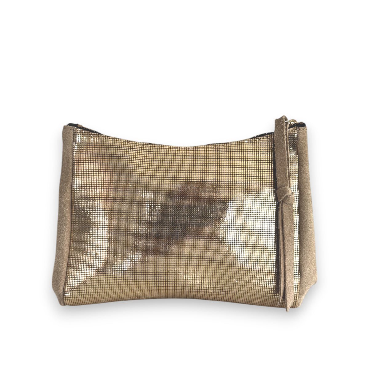 A gold metallic OLIVEVE Camila clutch with Italian leather-backed suede, featuring a subtle texture and shine. It has a teardrop gusset design and zip closure, showcased against a white background with an elegant silhouette.