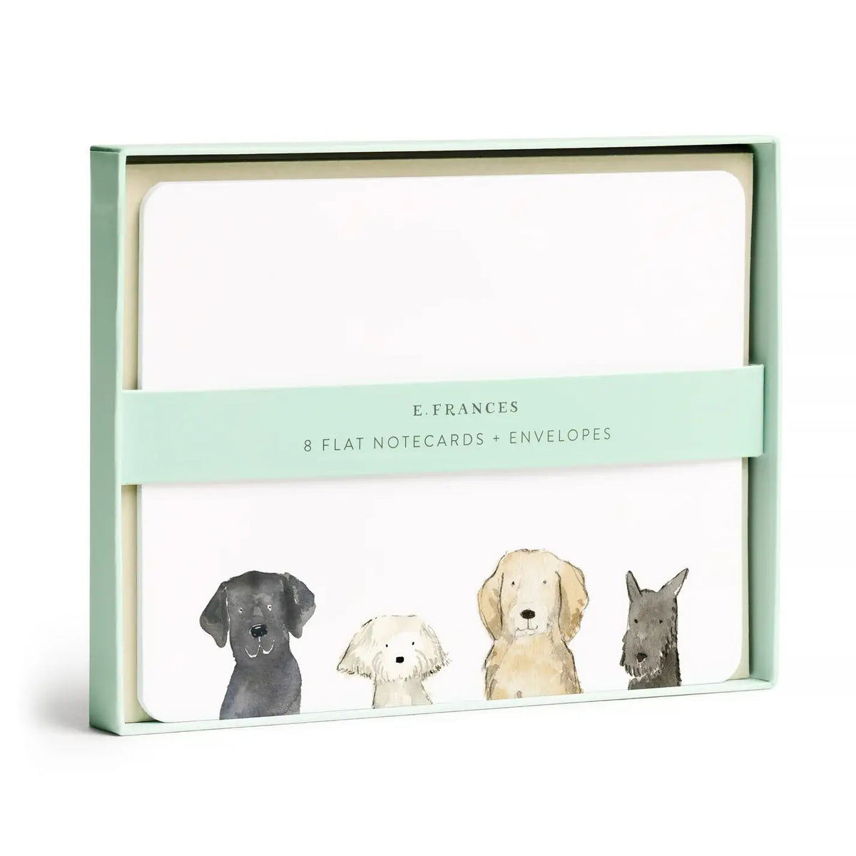 E. FRANCES PAPER - FLAT NOTES DOG DAYS includes 8 notecards and envelopes, each featuring illustrations of four distinct dog breeds with vibrant colors. The set is packaged in a light green box with a transparent lid, highlighting the charming contents.