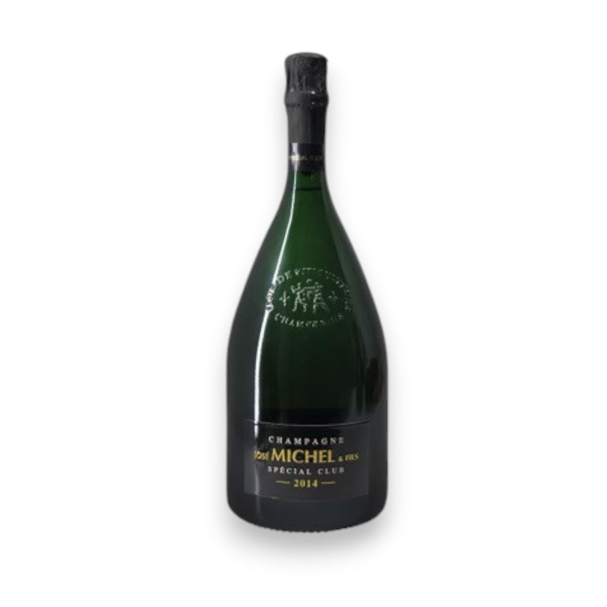 A green glass bottle of JOSE MICHEL SPECIAL CLUB CHAMPAGNE 2015, exudes elegance with its black foil wrapping and gold and white text. Experience its fine bubbles and subtle floral hints, perfect for pairing with haute cuisine delights. Brand: WINE: BORDEAUX FINE &amp; RARE/A-VIN-GARDE.