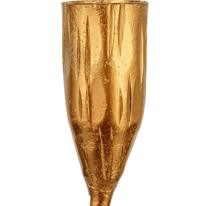 A close-up of the CREATIVE COOP CAST IRON TAPER HOLDER IN BRASS FINISH, EXTRA LARGE, featuring a textured vertical ribbed pattern and a rounded tapered cup at the top, set against a plain white background.