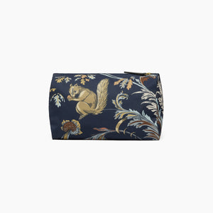 The INOUI EDITIONS ROCOCO Nylon Cosmetic Case by INOUI is a dark blue rectangular pouch made from recycled polyester, featuring a zipper and an elegant print of a squirrel, mushrooms, and ornate foliage in muted earth tones.