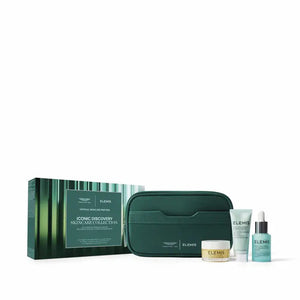 A green-themed ELEMIS - ASTON MARTIN ICONIC DISCOVERY SKINCARE COLLECTION by ELEMIS - STEINER includes travel-size skincare essentials in a box, zippered pouch, cream jar, tube, and dropper bottle, all shown on a white background.