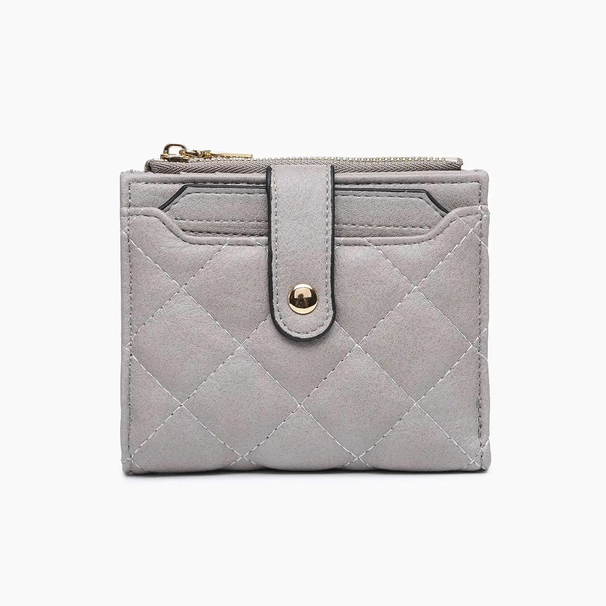 The QUILTED ZIP TOP WALLET by JEN &amp; CO is a teal, small, quilted vegan leather wallet featuring a gold snap closure and a zippered compartment at the top, all set against a plain white background.