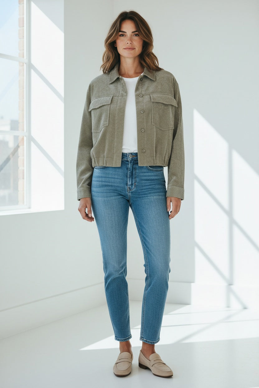 The SEVENTY VENEZIA Micro Cord Jacket by SEVENTY is a light olive green cropped jacket in soft Italian corduroy, featuring a collar, long button-cuffed sleeves, chest pockets, loose fit, and gathered hem for modern style.