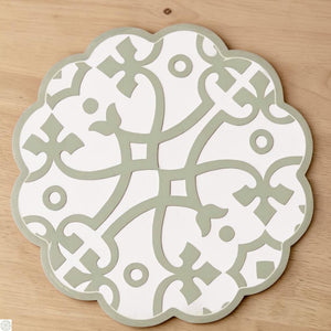 The ETUHOME Round Scalloped Placemat in Sage features an intricate, symmetrical lattice pattern with swirls and dots on a white background, combining Italian-inspired geometric elegance with refined style for your table.