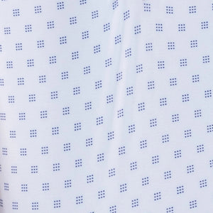 The COLLARS AND CO FEATHERWEIGHT FLEX POLO IN ORACLE WHITE features white fabric with a repeating pattern of small blue 3x3 dot squares. Slightly creased at the center, its 6-way stretch design ensures all-day comfort.