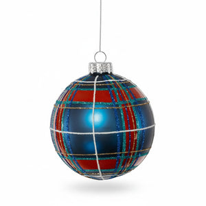 ZODAX 4″ PLAID BALL ORNAMENT, a four-inch round glass Christmas ornament featuring a blue, red, and green plaid pattern with white and gold accents.