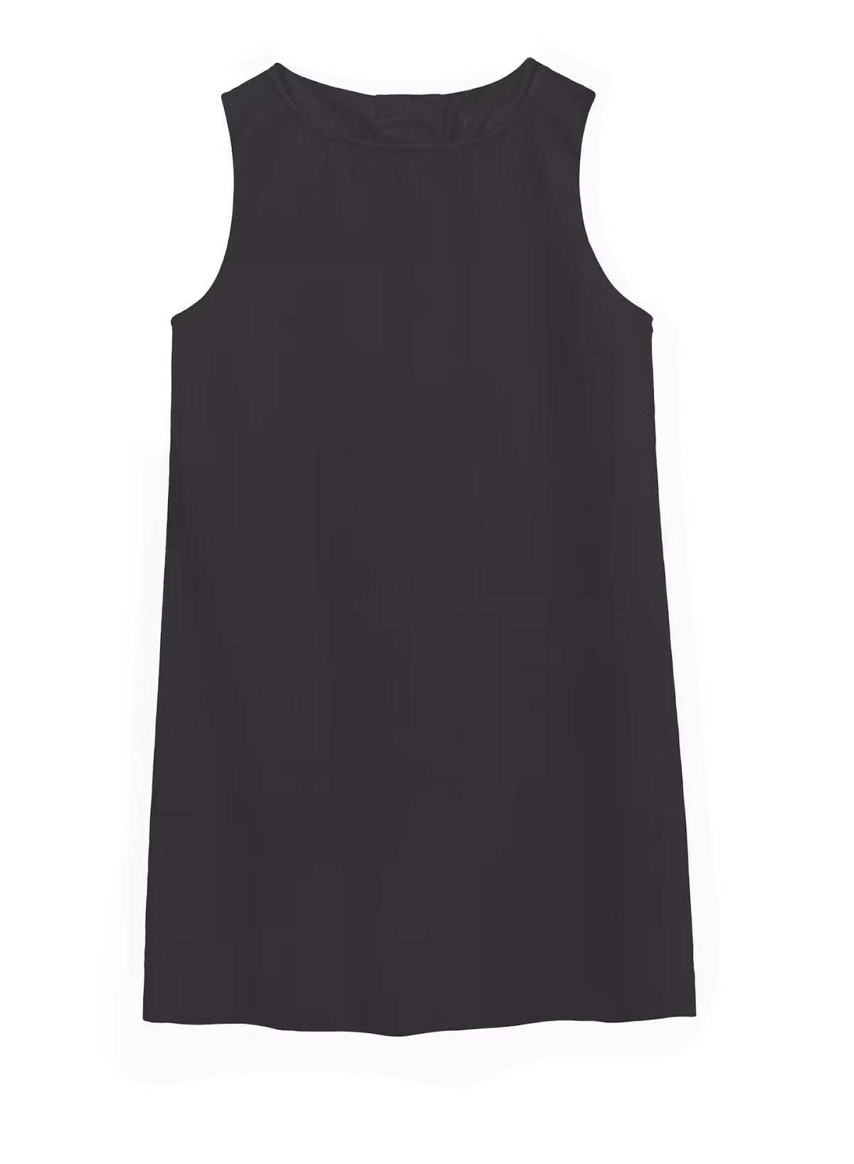 The FRANK & EILEEN Sheila Shell Shift Dress in Famous Denim Black features a sleeveless, straight silhouette with a high neckline and knee-length hem. Crafted using a garment-dye process, this dress is displayed against a white background.