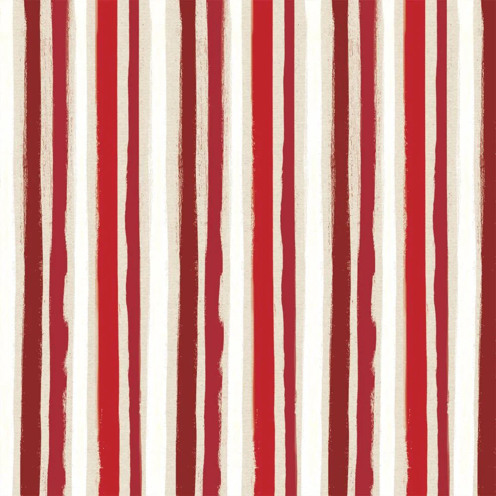 The PAPER PRODUCTS DESIGN LA LINEA beverage napkins feature bold vertical stripes in red, beige, and white on durable, 3-ply chlorine-free paper for a stylish, textured look.