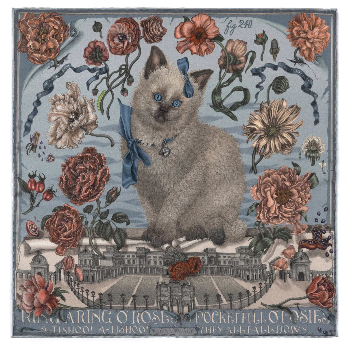 A woman holds the SABINA SAVAGE "Ring a Ring o' Roses" silk twill scarf in Glacier/Ballet, featuring a blue-eyed cat with a ribbon amidst Victorian botanicals and a historic building backdrop, with "Ring a Ring o' Roses, A Pocket Full of Posies" elegantly displayed.
