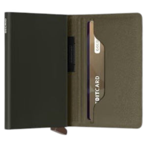 The SECRID - BANDWALLET LIBA® IN GREEN AND ORANGE by SECRID features an open, slim design with visible euro banknotes and three credit cards organized in dedicated slots. This wallet includes sections for both cash and cards and offers RFID protection to keep your information secure.