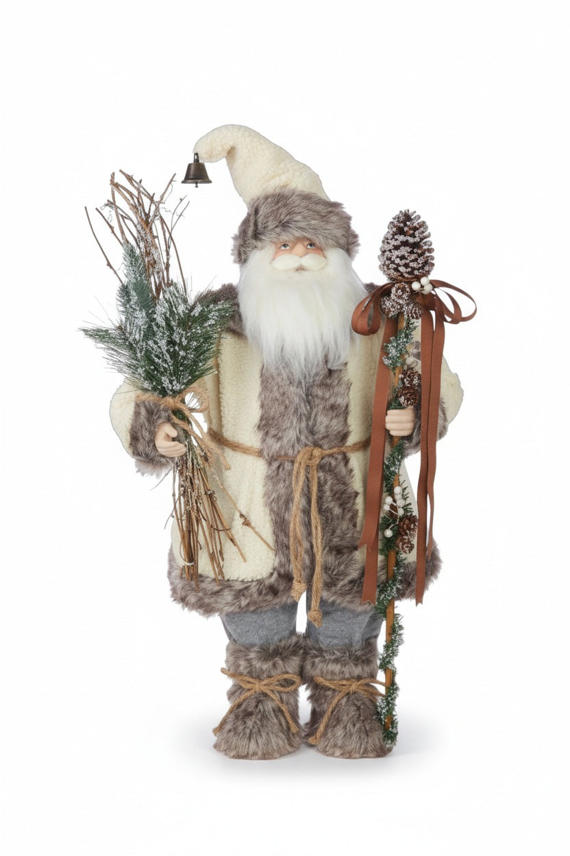 A 27-inch Alpine Santa by Raz Imports wearing a fur-trimmed coat and hat, holding a bundle of pine branches in one hand and a staff topped with a pinecone in the other.