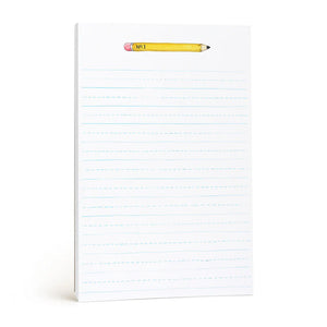 The E. FRANCES PAPER - PENCIL NOTEPAD, ideal for note-taking, showcases a "No. 1" yellow pencil at the top. Its recycled paper features light blue dashed lines on a crisp white background, serving as writing guides.