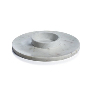 The ZODAX MARBELLA MARBLE CHIP & DIP SERVER is a round, white marble platter with subtle gray veining and a center bowl for dip. It measures 35.56 cm x 5.08 cm (14 in x 2 in) and is perfect for serving chips and dip.