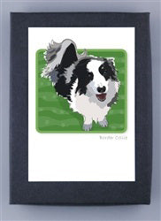 The PAPER RUSSELLS - BORDER COLLIE NOTE CARDS by PAPER RUSSELLS feature a digital illustration of a Border Collie dog with predominantly black and white fur against a green background, framed with a black border. The cheerful expression of the Border Collie adds charm to this piece, which is printed on recycled paper and proudly made in the USA.