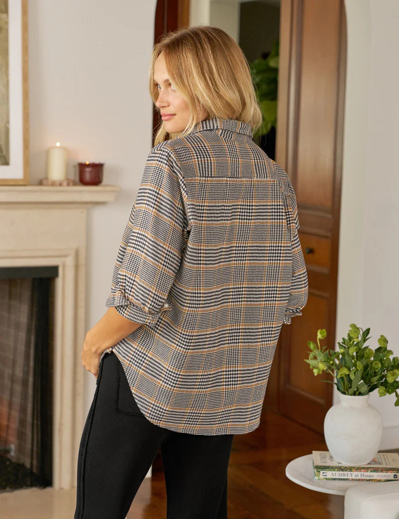 The FRANK &amp; EILEEN Eileen Relaxed Button Up in Italian Flannel features a camel and black plaid pattern, long roll-up sleeves, collared neckline, and visible Frank &amp; Eileen label inside the collar.