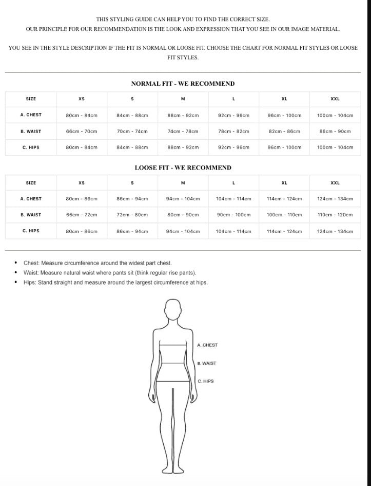 Here’s a rewritten version using your product data: A sizing guide chart for the HENRIETTE STEFFENSEN - FLEECE FLARED CROPPED TROUSER by HENRIETTE STEFFENSEN, featuring measurements for chest, waist, and hips in centimeters for sizes XS to XXL—including information specific to fleece pants and flared trousers—with separate charts for normal and loose fits, plus a diagram illustrating where to measure.