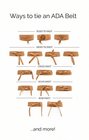 Instructional diagram illustrating five ways to tie the ADA - SUEDE LEATHER WRAP BELT IN RUSTY COGNAC: rosette, mens tie, cross, ocho, and bow knot.