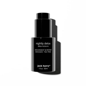 A 1 fl oz (30ml) black bottle of JACK HENRY - NIGHTLY DETOX night-time moisturizer with avocado and tea tree oil, shown against a white background with shadow.