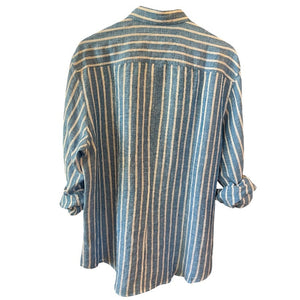 The FRANK & EILEEN Finbar men's button-up shirt in turquoise with white stripes features washed linen, a back view, and long sleeves rolled up.