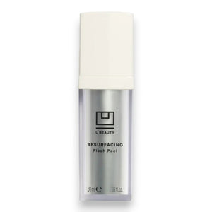 A sleek silver and white 30 ml (1.0 fl oz) bottle of U BEAUTY RESURFACING FLASH PEEL features a minimalist label and white cap; this rapid chemical exfoliator gently resurfaces and brightens skin.