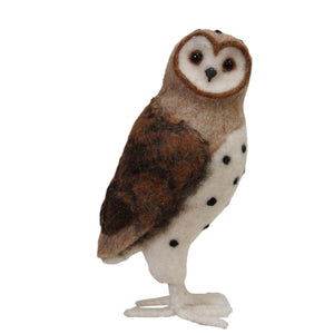 Three HANDMADE WOOL FELT BARN OWL, BROWN figures of varying sizes displayed on a wooden surface as festive Christmas decor.