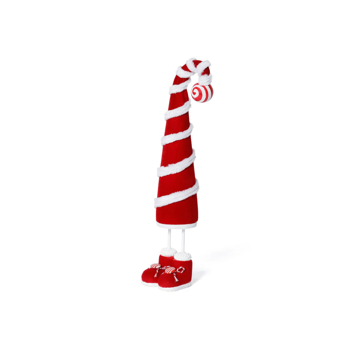 Two ZODAX WHIMSICAL CANDY CANE HAT FIGURES, each 3 in x 13 in, feature tall red spiraled hats with white trim and peppermint tops, plus red shoes with white fur and laces, standing on a sparkling light gray surface.