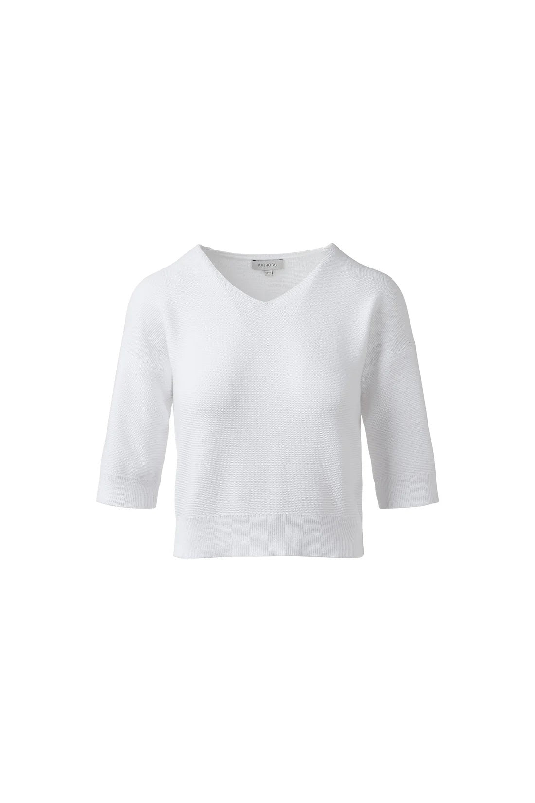 The KINROSS CASHMERE Garter Easy Vee Neck Cotton Sweater is a green, short-sleeved pullover with a ribbed hem and relaxed fit, crafted in soft knit and shown against a white background.