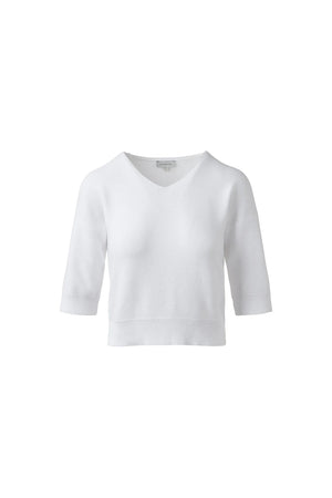 The KINROSS CASHMERE Garter Easy Vee Neck Cotton Sweater is a green, short-sleeved pullover with a ribbed hem and relaxed fit, crafted in soft knit and shown against a white background.