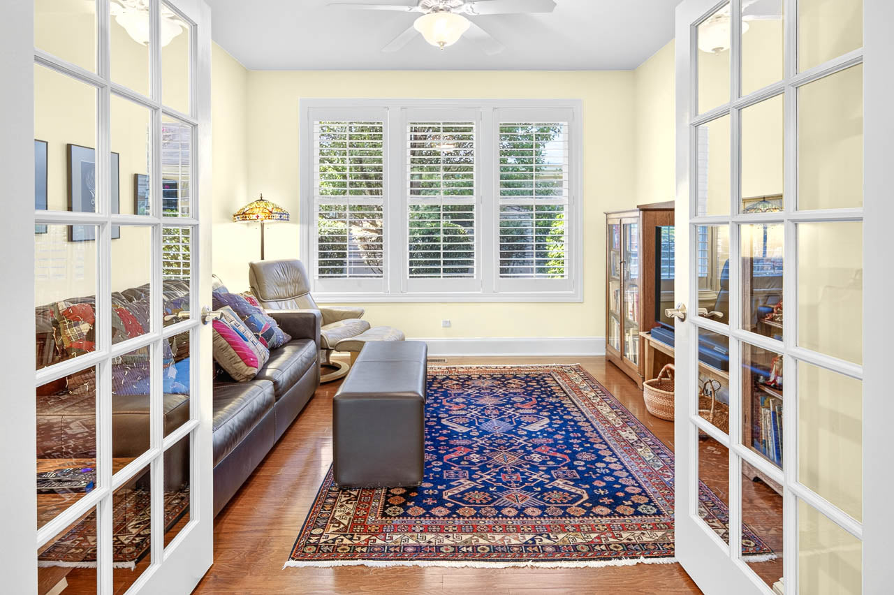 A cozy living room with a leather sofa, armchair, patterned rug, ottoman, wooden shelves, and sunlight coming through shuttered windows viewed through glass French doors.