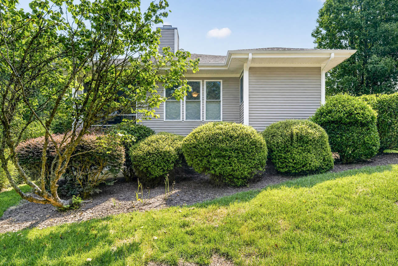 Single-story house with gray siding and large windows, partially obscured by neatly trimmed green bushes and trees, under a clear blue sky.