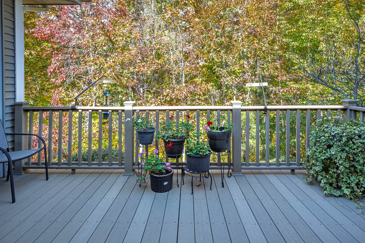 A wooden deck with potted plants arranged by the railing, overlooking a backdrop of colorful autumn trees. A black metal chair sits to the left, and hanging bird feeders are visible outside the railing.