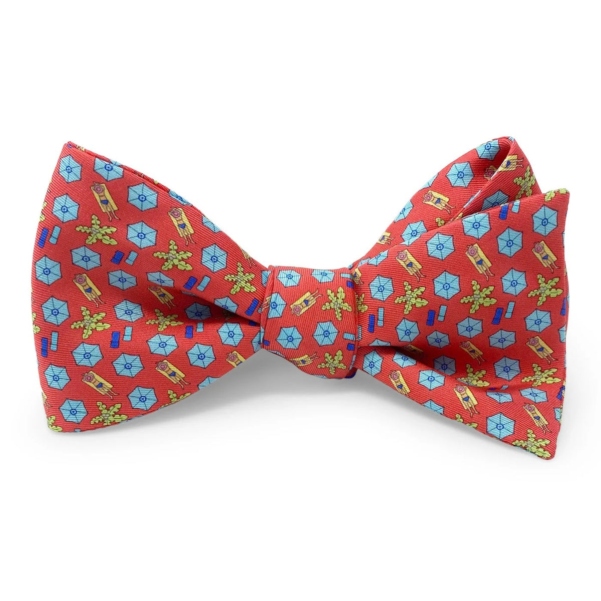 The BIRD DOG BAY PETER-BLAIR Sunscreen Silk Bow Tie in Red is laid flat on a white background, showcasing its handmade design with a repeating pattern of small blue and yellow floral-like shapes on luxurious red silk. The adjustable neck sizing guarantees a perfect fit for any occasion.