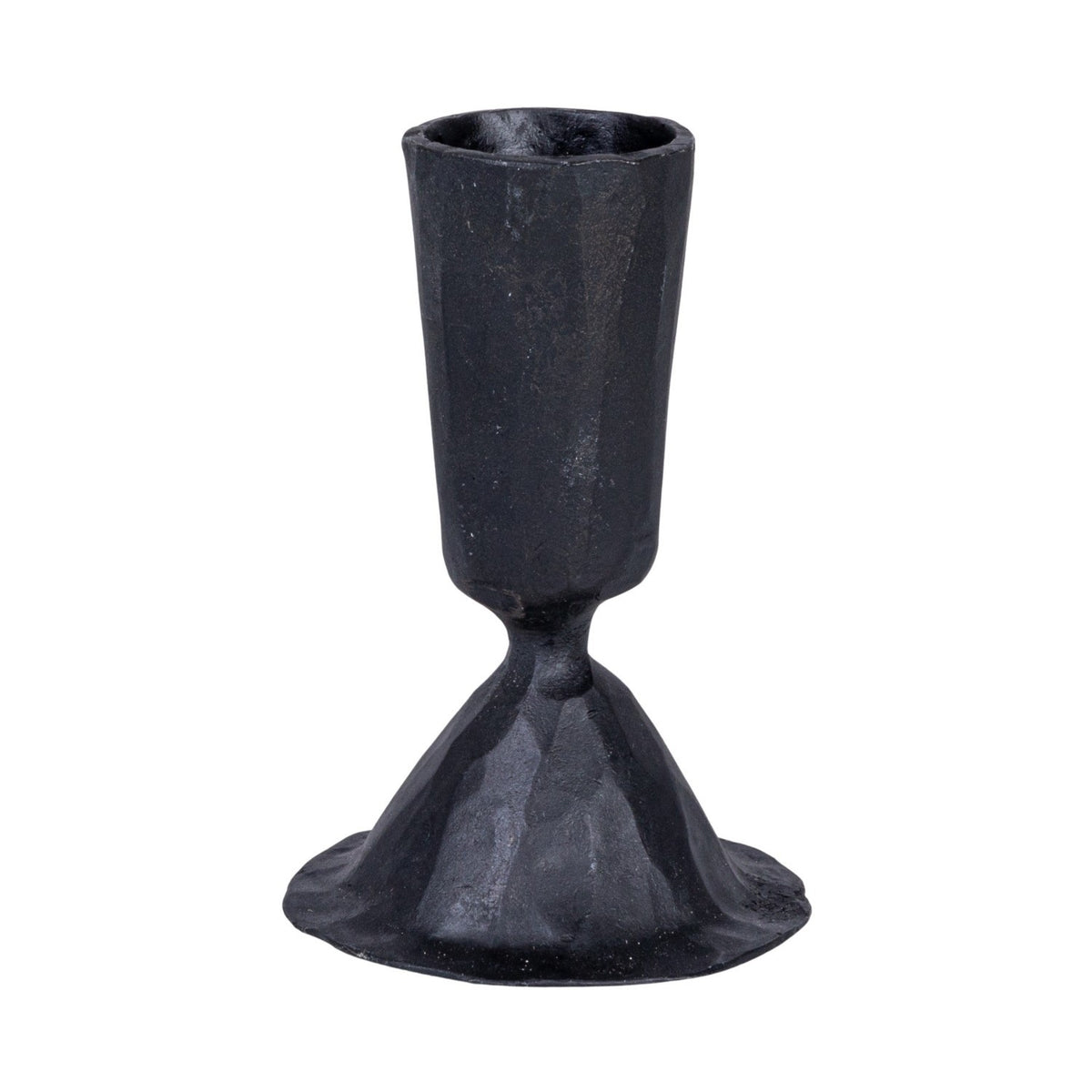 The CREATIVE COOP HAND-FORGED CAST IRON TAPER HOLDER in black features a hammered texture, wide flared base, and slender cylindrical top—ideal for industrial decor and shown upright against a plain white background.