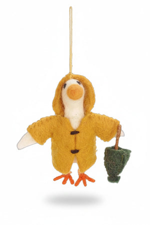 PUDDLES THE GOOSE ORNAMENT by FELT SO GOOD, a handcrafted felt goose wearing a yellow hooded raincoat and carrying a small green umbrella.