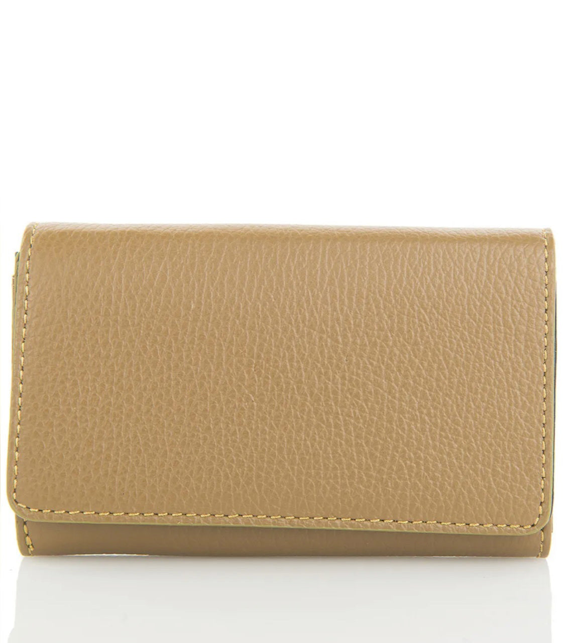 The LE BORSETTE LEATHER WALLET is a small, tan-colored, textured leather accessory featuring a rectangular shape and a fold-over flap design. Crafted in Italy from genuine leather, this wallet exudes simplicity and elegance with no visible branding or patterns, and measures 15cm x 9.5cm against a plain white background.