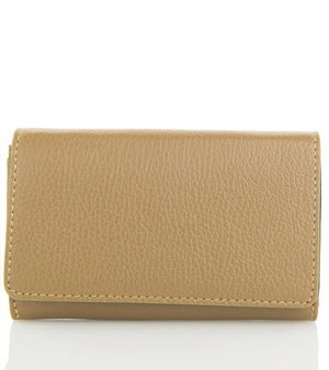 The LE BORSETTE LEATHER WALLET is a small, tan-colored, textured leather accessory featuring a rectangular shape and a fold-over flap design. Crafted in Italy from genuine leather, this wallet exudes simplicity and elegance with no visible branding or patterns, and measures 15cm x 9.5cm against a plain white background.