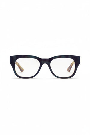 CADDIS - MIKLOS PROGRESSIVE READERS IN CONTRABAND by CADDIS, featuring thick black rectangular frames with durable scratch-resistant lenses and tortoiseshell-patterned temple arms, displayed on a white background.