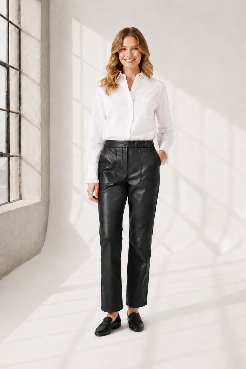 A person wearing high-waisted brown leather pants, a white long-sleeve shirt, and brown heeled ankle boots, standing against a plain light background. The person's face is not visible.