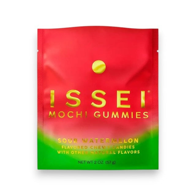 A red and green pouch of MOCHI GUMMIES - SOUR WATERMELON from MOCHI GUMMIES, featuring yellow text and a small yellow circle above the brand name. This 2 oz (57 g) package contains chewy, sweet and sour candies—ideal for anyone who loves watermelon-flavored treats.
