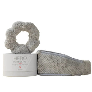 The VOLO BEAUTY - PERFECT PAIR HEADBAND AND SCRUNCHIE features a soft, cream-colored spa headband and a gentle Nanoweave scrunchie, both fluffy and textured, beautifully packaged together by VOLO BEAUTY.