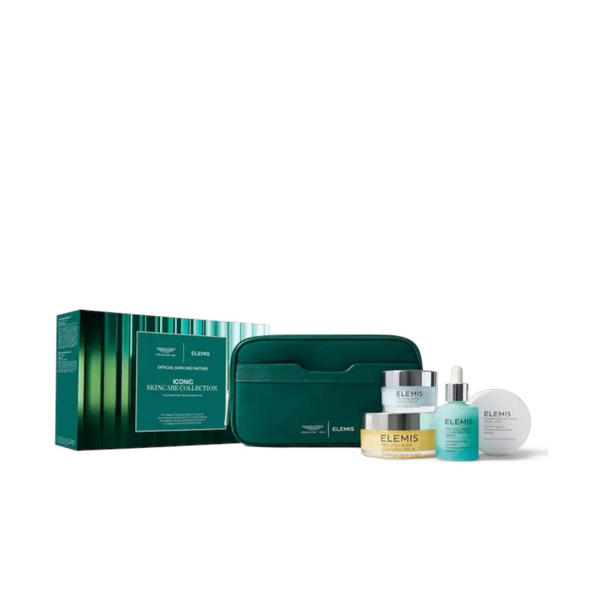 The ELEMIS - ASTON MARTIN ICONIC SKINCARE COLLECTION MEDIUM by ELEMIS - STEINER includes a jar, dropper bottle, cream container, and pump bottle in green and white packaging next to a matching pouch and box. Features their iconic cleansing balm.
