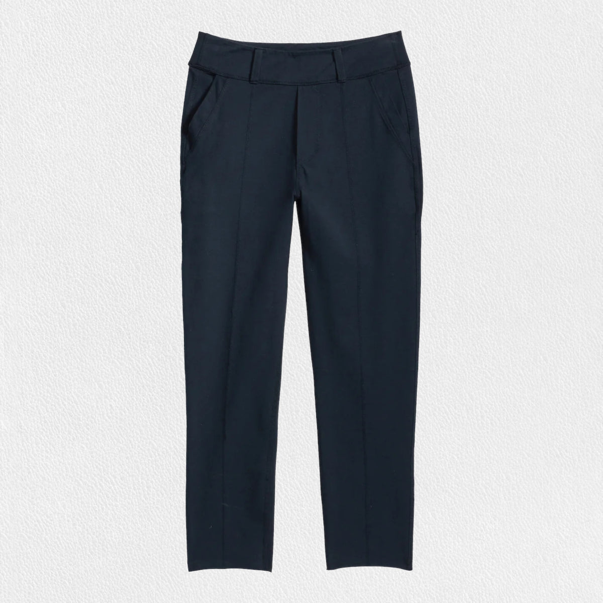 The FRANK &amp; EILEEN - MURPHY BILLION DOLLAR PANT is laid flat against a white background. These black dress pants feature a straight-leg cut, with side pockets and a waistband adorned with belt loops. The fabric appears smooth and slightly stretchy, making them perfect for transitioning from the boardroom to cocktails.