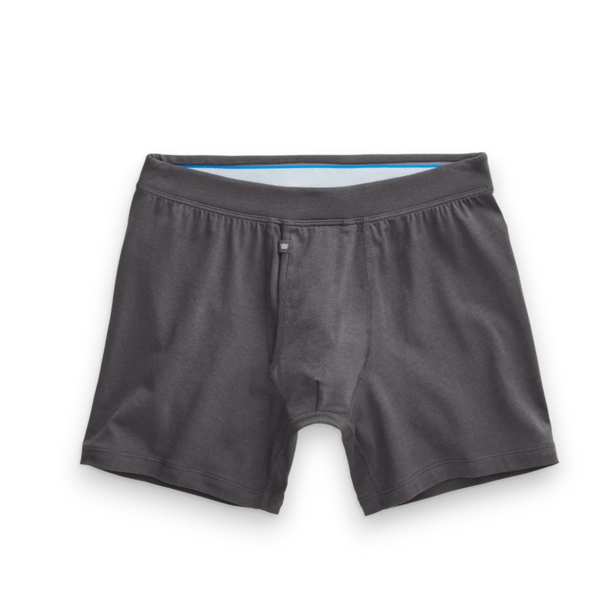 The MACK WELDON - SILVER BOXER BRIEF features premium dark gray men's underwear with a visible waistband and front fly, shown neatly laid out on a white background.