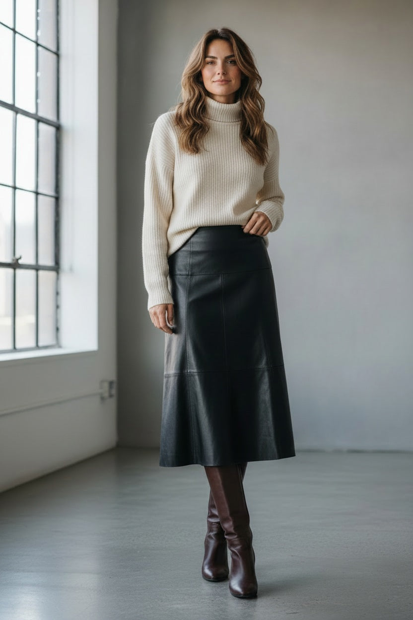 A woman stands indoors by large windows, wearing a white turtleneck sweater, the NUDE - ECO LEATHER FLAIR SKIRT IN DARK GREEN by NUDE—a made-in-Italy, A-line midi skirt—and brown knee-high boots. She has long, wavy hair and a relaxed, confident expression.