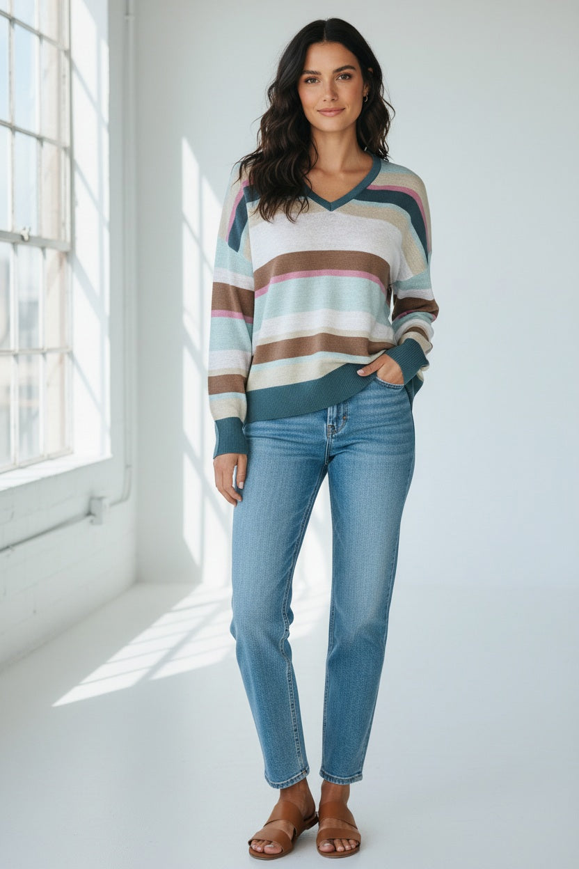 A woman with dark hair in a ponytail wears the KINROSS CASHMERE Multi Color Stripe Vee Neck Linen Sweater and blue jeans, standing with her hands in her pockets and smiling slightly against a white background.